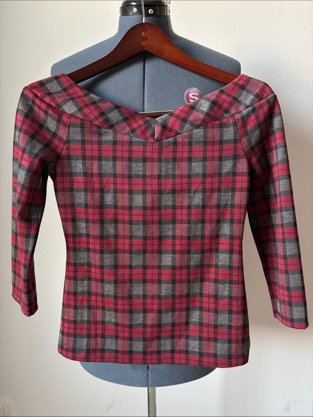 Unique Vintage Burgundy and Gray Plaid Boatneck Top